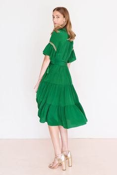 Silk Midi Dress With Tie Waist, Silk Midi Length Dress With Tie Waist, Chic Silk Dress With Tie Waist, Silk Tie Waist Dresses For Daywear, Rayon Midi Dress With Tie Waist, Green Belted Midi Dress, Green Belted Midi Length Dresses, Flowy Belted Midi Dress, Chic Flowy Belted Dress