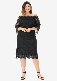 Off-The-Shoulder Lace Dress with Bell Sleeves Lace Off-shoulder Dress With Lace Trim, Off-shoulder Lace Dress With Lace Trim, Lace Dresses With Half Lace Sleeves, Lace Dress With 3/4 Sleeves And Lace Trim, Off The Shoulder Lace Dress, Off Shoulder Lace Dress, Black One Shoulder Dress, Dress With Bell Sleeves, Plus Size Cocktail Dresses