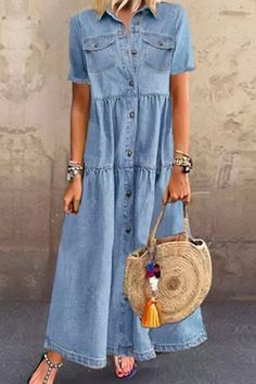 Denim Short Sleeve Solid Color Pocket Button Shirt Maxi Dress Distressed Dress, Vintage Long Dress, Vintage Shirt Dress, Moda Denim, Dresses Spring, Cardigan Vintage, American Denim, Maxi Shirt Dress, 2024 Trends