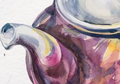 a watercolor painting of a tea pot