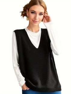 Solid V Neck Knitted Vest, Casual Sleeveless Loose Sweater, Women's Clothing Fall Sleeveless Knitted Tank Top, Fall Knitted Sleeveless Tank Top, Textured Knit Tank Top For Fall, Chic Sleeveless Textured Knit Sweater, Fall Textured Knit Tank Top, Sleeveless Knitted Fall Tops, Fall Sleeveless Knitted Top, Black Textured Knit Sleeveless Top, Knitted Sleeveless Fall Top