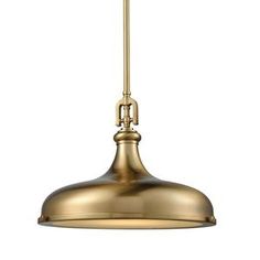 a large brass colored pendant light hanging from a ceiling fixture on an isolated white background