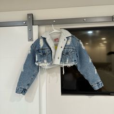 Bought This At A Pop Up Stand In La. Never Worn. Nwt. As You Can See I Paid 160 For The Jacket. Super Cute. The Sleeves Are 3/4 They Don’t Reach Your Wrists. Size Medium But Fits More Like A Small Because Of The Lining. White Cropped Denim Outerwear, Fitted Cropped Denim Jacket For Winter, Pop Up Stand, Levis Denim Jacket, Timeless Basics, Distressed Jean Jacket, Studded Jeans, Fits Clothes, Japanese Denim