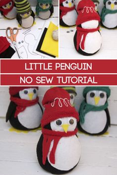 the penguin is wearing a red hat and scarf, while other penguins are dressed in winter clothing