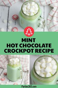 mint hot chocolate crockpot recipe with marshmallows in the top and bottom