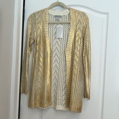 Never Worn Perfect Condition Fitted Gold Sweater For Spring, Casual Gold Sweater For Spring, Gold Long Sleeve Cardigan For Spring, Long Sleeve Gold Cardigan For Spring, Ivory Cardigan, Geometric Lace, Grey Trench Coat, Open Front Sweater, Drape Cardigan