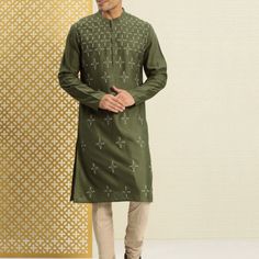 Festive Cotton Sherwani With Naqshi Embroidery, Festive Cotton Sherwani With Naqshi, Festive Cotton Kurta With Naqshi, Eid Kurta With Intricate Embroidery And Long Sleeves, Cotton Long Sleeve Bandhgala For Navratri, Long Sleeve Cotton Bandhgala For Navratri, Long Sleeve Cotton Sherwani With Dabka, Cotton Bandhgala With Dabka For Navratri, Cotton Long Sleeve Sherwani For Eid