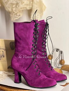 Fall Purple Closed Toe Boots, Purple Closed Toe Boots For Fall, Pink Suede Boots With Round Toe, Fitted Purple Ankle Boots, Purple Round Toe Heeled Boots For Winter, Fitted Purple Lace-up Boots, Edwardian Boots, Boots Victorian, Whimsical Shoes