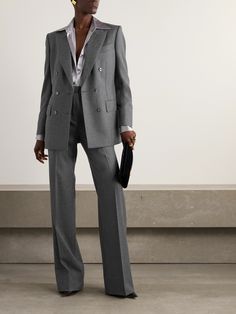 TOM FORD's blazer is tailored from pure wool-twill in a double-breasted profile. It's designed with sharp peak lapels, padded shoulders and a nipped-in waist. The smooth lining means it will layer beautifully over crisp shirts. Double-breasted Suits With Concealed Placket For Office, Double Breasted Suit With Concealed Placket For Work, Timeless Double-breasted Office Suit, Timeless Double-breasted Suits For Office, Timeless Double Breasted Suit With Concealed Placket For Office, Tailored Double Breasted Suit With Welt Pockets For Office, Wool Double Breasted Suit With Hidden Buttons For Work, Wool Double-breasted Office Suit, Double-breasted Suit For Work