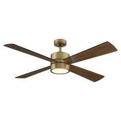 a ceiling fan with two wooden blades and a light on the bottom one is gold