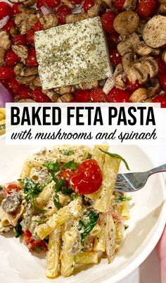 a plate filled with pasta, mushrooms and spinach next to a bowl of feta cheese