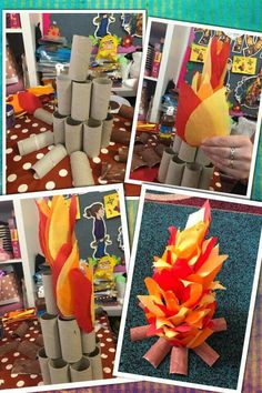 four pictures of different types of fire in the middle of each photo, one is made out of toilet paper and the other has an orange flower on it