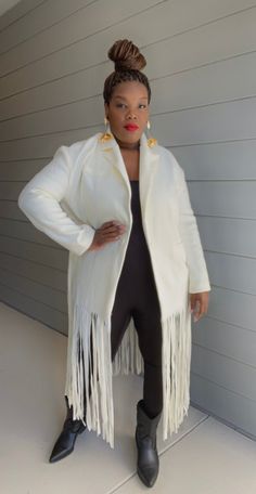 Stay stylish and cozy in this cute fringe blazer Truly a fashion statement White Long Sleeve Outerwear With Tassels, Chic Winter Fringe Outerwear, Winter Fringe Outerwear, Elegant Winter Outerwear With Tassels, Fall Outerwear With Tassels For Work, Fall Workwear Outerwear With Tassels, White Spring Outerwear With Tassels, Fitted Spring Outerwear With Tassels, Fitted Outerwear With Tassels For Spring