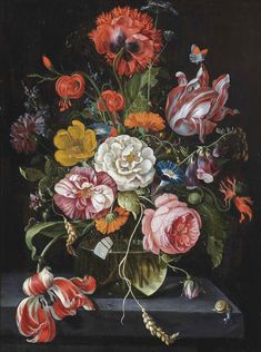 a painting of flowers in a glass vase on a table with feathers and other things