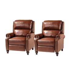 pair of brown leather recliners with nail polishing on the armrests