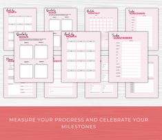 the printable planner is shown in pink and white, with text reading measure your progress and