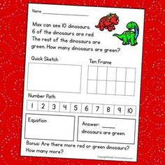 a red book with an image of dinosaurs and numbers on the page, which is also in