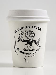 a coffee cup with the words morning after down day coffee on it's side