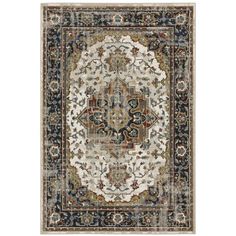 a rug with an ornate design on the front and back side, in beige, blue,