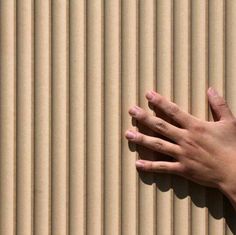 a person's hand on top of a tan wall with vertical blinds in the background