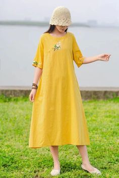 Linen Dress Casual, Short Sleeve Long Dress, Sleeve Long Dress, Linen Dress Women, Cotton Linen Dresses, Long Sleeve Short Dress, Neck Pattern, Linen Dress, Yellow Dress