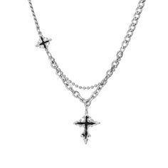 Titanium cross pendant men's necklace features a bold and edgy design, perfect for making a fashion statement. Upper layer consisting of a smaller cross pendant and the lower layer featuring a larger, intricately detailed cross pendant as the centrepiece.  Layered chain. Great gift for him. Titanium is highly resistant to corrosion and tarnishing. Ideal choice for shower friendly jewellery. .Minimalistic .Trendy .Streetwear .CrossPendant  .SilverAccessories .GiftBox .Men'sGift .FashionIcon .Styl Mens Silver Cross Necklace, Punk Streetwear Cross Necklaces, Stainless Steel Cross Necklace For Streetwear, Mens Necklace Fashion, Streetwear Jewelry: Cross Pendant Chain, Cheap Men's Cross Pendant Jewelry, Cross Pendant Men, Black Cross Necklace, Detailed Cross