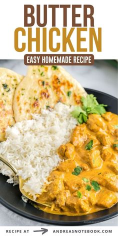 a plate with rice, chicken and naan on it is featured for the recipe