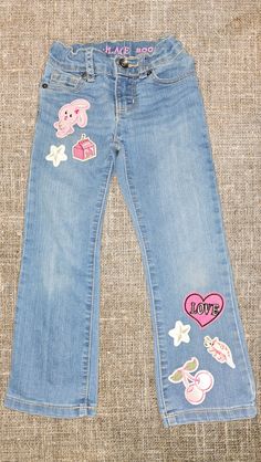 Upcycled Denim Jeans. Lightly used. Children's Place brand denim. Size 5. Super cute pink lover theme! *DO NOT MACHINE WASH, HAND WASH ONLY* Cute Spring Denim Pants, Cute Cotton Straight Leg Bottoms, Cute Straight Leg Cotton Bottoms, Playful Medium Wash Cotton Bottoms, Playful Medium Wash Denim Bottoms, Cute Straight Leg Denim Bottoms, Cute Cotton Straight Leg Jeans, Cute Pink Denim Jeans, Cute Medium Wash Denim Jeans