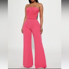 Reason For Selling: Changed My Mind And Wore Something Different To A Party. Wide Leg Jumpsuits For Going Out In Spring, Elegant High Waist Pink Jumpsuits And Rompers, Pink Strapless Jumpsuit For Spring Date Night, Elegant Pink High-waist Jumpsuits And Rompers, Fitted Wide Leg Strapless Jumpsuit For Spring, Fitted Pink Pantsuit For Summer, Pink Fitted Pantsuit For Night Out, Fitted Strapless Wide Leg Jumpsuit For Spring, Spring Party Overalls