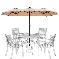 an outdoor table with chairs and an umbrella