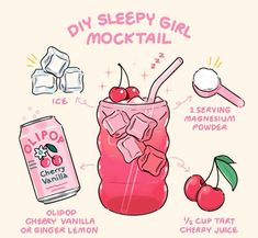 a pink drink with ice and cherries in it, labeled diy sleepy girl cocktail