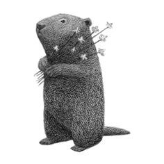 a black and white drawing of a groundhog holding flowers in it's paws