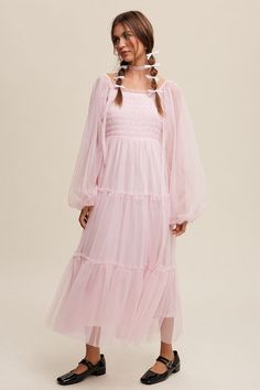 Float through the night in this soft, flowy maxi dress, designed to capture a ballerina’s grace. Perfect for any special occasion, this dreamy dress will make you feel beautiful inside and out. Featuring long sheer sleeves, a romantic square neckline with ruffled accents, and a smocked bodice, it's the ultimate piece for a coquette-inspired look. Pair it with delicate ribbons and ballet flats to complete the effortlessly charming aesthetic. *Model is 5'7'' and is wearing a size S. Romantic Maxi Dress, Royal Dresses, Flowy Maxi Dress, Beautiful Inside And Out, Dreamy Dress, Tiered Maxi Dress, Long Puff Sleeves, Tier Skirt, Shop Maxi Dresses