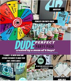 a collage of different party items including drinks, candy bars and water bottles with the words dude perfect party pack