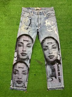 ad eBay - Find many great new & used options and get the best deals for SAde Adu custom made hand painted vintage Levi 505 denim jeans sz. 32 x 32 at the best online prices at eBay! Free shipping for many products! Medium Wash Grunge Pants For Streetwear, Medium Wash Straight Leg Jeans With Graphic Print, Edgy Medium Wash Jeans For Streetwear, 90s Rigid Denim Jeans For Streetwear, 90s Style Rigid Denim Jeans For Streetwear, Medium Wash Straight Leg Bottoms With Graphic Print, Edgy Rigid Denim Jeans For Streetwear, Edgy Graphic Print Jeans For Streetwear, Grunge Denim Flare Jeans For Streetwear