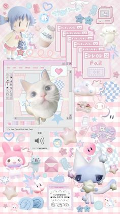 an image of a cat surrounded by stickers and other items on a pink checkered background