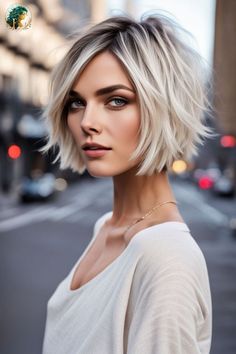 Discover 30 chic short hairstyles that suit every hair type and texture. Perfect for your next salon visit! Platinum Blonde Bob Round Faces, Platinum Blonde Shaggy Bob, Short Bob White Hair, Bob Shaved Underneath, Bob Trend 2024, Arielle Kebbel Short Hair, Mid Length Haircuts For Fine Hair, Bob For Fine Straight Hair, Straight Fine Hairstyles