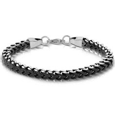 Handsome men's bracelet in black coated stainless steel is 8.5 inches long with an oversized clasp. Modern Black Cuban Link Bracelet, Black Stainless Steel Bracelet With Box Chain, Black Metal Bracelet With Box Chain, Black Metal Box Chain Bracelets, Black Cuban Link Bracelet As Gift, Modern Black Metal Cuban Link Bracelet, Black Chain Link Bracelet With Box Chain, Black Metal Cuban Link Bracelet As A Gift, Modern Black Cuban Link Bracelet As Gift