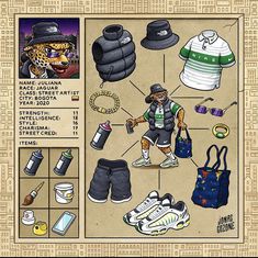 an image of a poster with different items on it, including shoes and other things