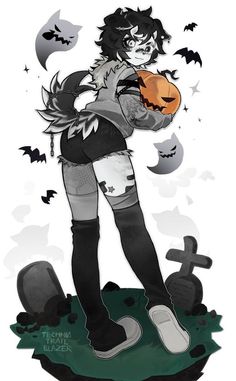 a drawing of a girl holding a pumpkin in front of a grave with bats around her