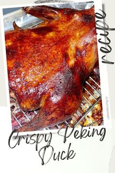 there is a large roasting turkey on the grill with words above it that read grisby peking