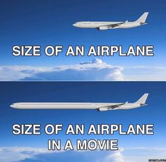 two airplanes flying in the sky with text over them that reads size of an airplane, size of an airplane in a movie