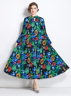 Blossoming with a vibrant display of tropical florals, this dress offers a feast for the eyes with its rich, saturated colors set against a dark background. The high neckline and long sleeves give it a touch of sophistication, while the lightweight fabric ensures flow and comfort. The elastic cinched waist accentuates the silhouette, making it flattering for various body types. This dress is ideal for those looking to make a bold statement at any event, from casual gatherings to more formal occa Lace Embroidery Dress, All Things Bright And Beautiful, Long Floral Dress, Tropical Florals, Fringed Belt, Belt Dress, Bold Patterns, Floral Dresses Long, Embroidery Dress