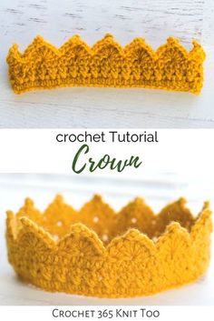 the crochet crown pattern is shown in three different colors and sizes, including yellow