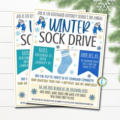 two winter sock drive flyers with snowflakes and stockings on the front, one is blue