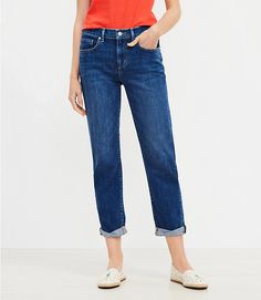 Super Soft Girlfriend Jeans in Bright Mid Indigo Wash | LOFT Soft Girlfriend, Curvy Pants, Cropped Denim Pants, Trendy Jeans, Tall Pants, Girlfriend Jeans, Straight Crop Jeans, Curvy Jeans, Designer Jeans