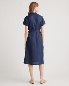 This midi linen dress should be in every wardrobe. Made from 100% organic linen and designed to be versatile, with elegant buttons down the front, and two pockets at the waist, and adjustable removable belt for the perfect fit.  | Quince | Women's Short Sleeve Dress in Deep Navy, Size Medium, Linen Midi Linen Dress, Summer Day Dresses, Semi Casual, Linen Tank, Button Front Dress, Wide Leg Linen Pants, European Linens, Organic Linens, Linen Women