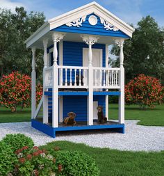 two dogs are sitting in front of a small house with porches and balconies