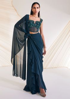 Divya Aggarwal-Hertha Evergreen Embellished Sari With Corset-INDIASPOPUP.COM Saree With Corset, Pant Saree, Sequin Corset, Ruffle Sarees, Neeta Lulla, Green Corset, Corset Blouse, Dance Paintings, Ruffle Saree