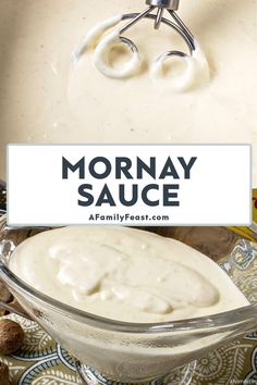 homemade mayonnaise in a glass bowl with text overlay that reads, mommy sauce